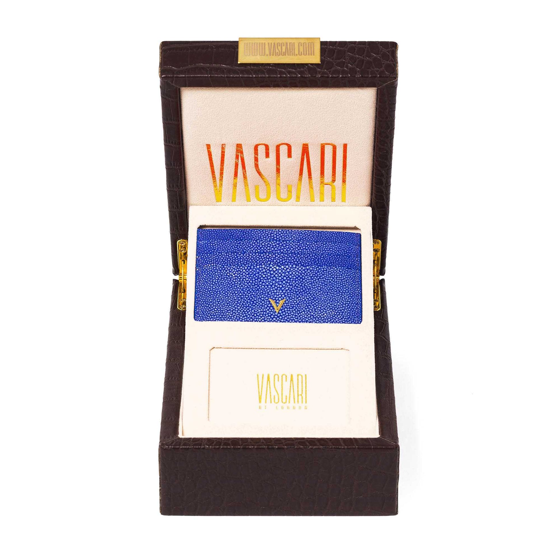 Blue Stingray Leather Cardholder with the center Vascari logo in gold hardware