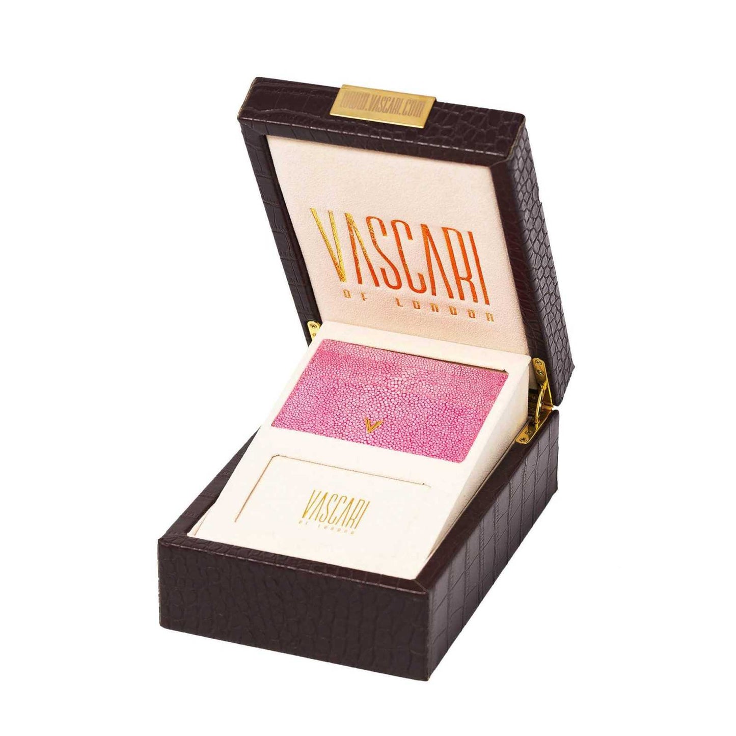 Pink Stingray Leather Cardholder with gold V logo in a gift box