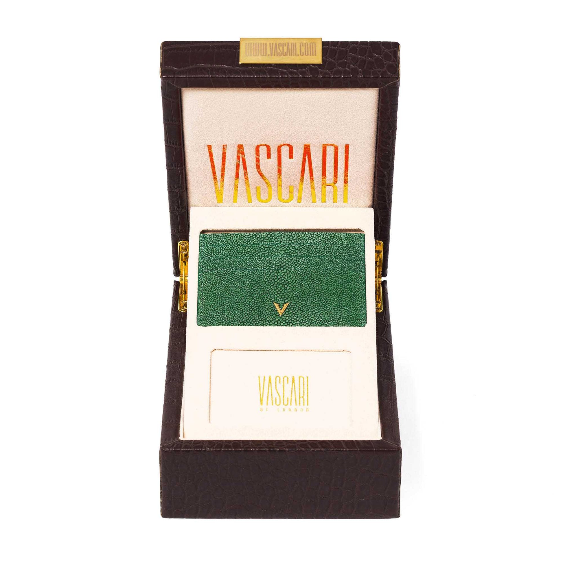 Green Stingray Leather Cardholder with Vascari logo in gold hardware