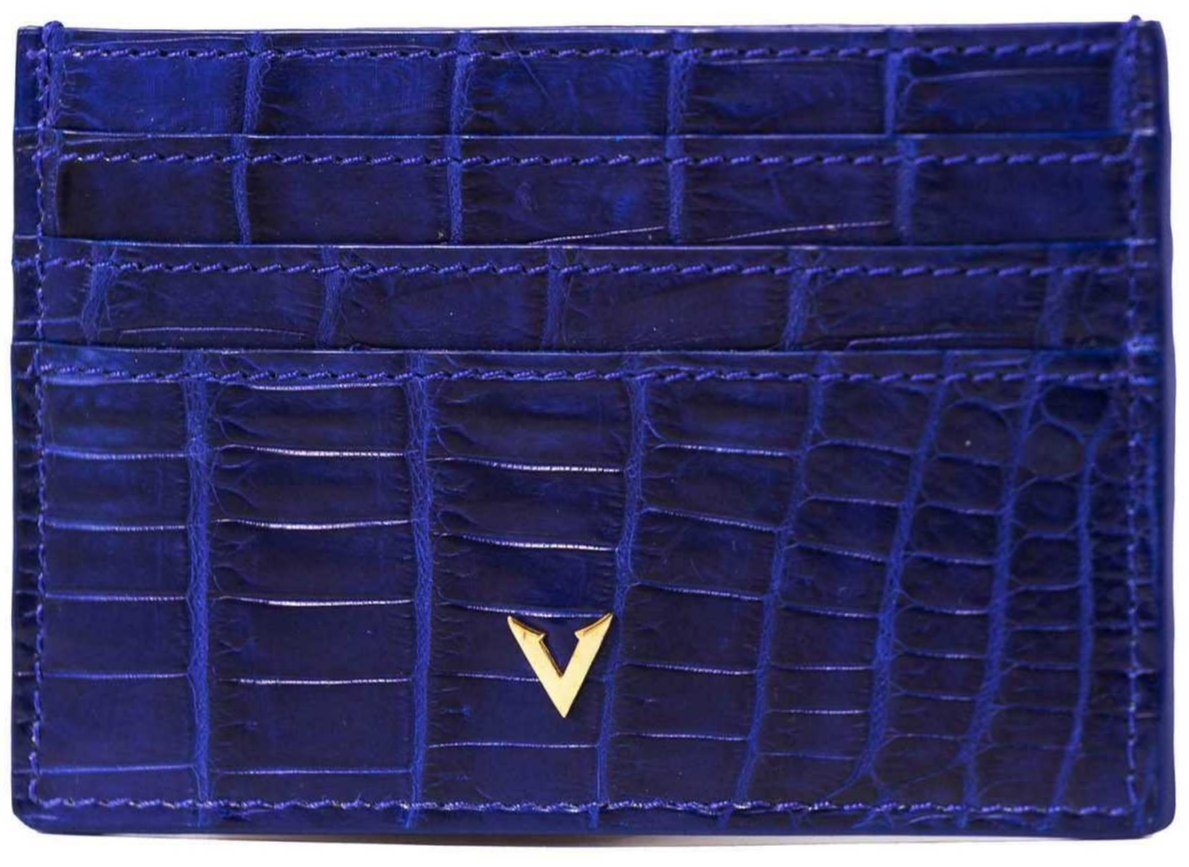 Gloss blue crocodile leather cardholder, Gold front view, gold v logo