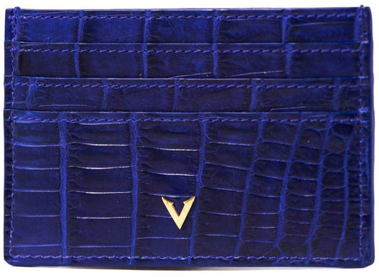 Gloss blue crocodile leather cardholder, Gold front view, gold v logo