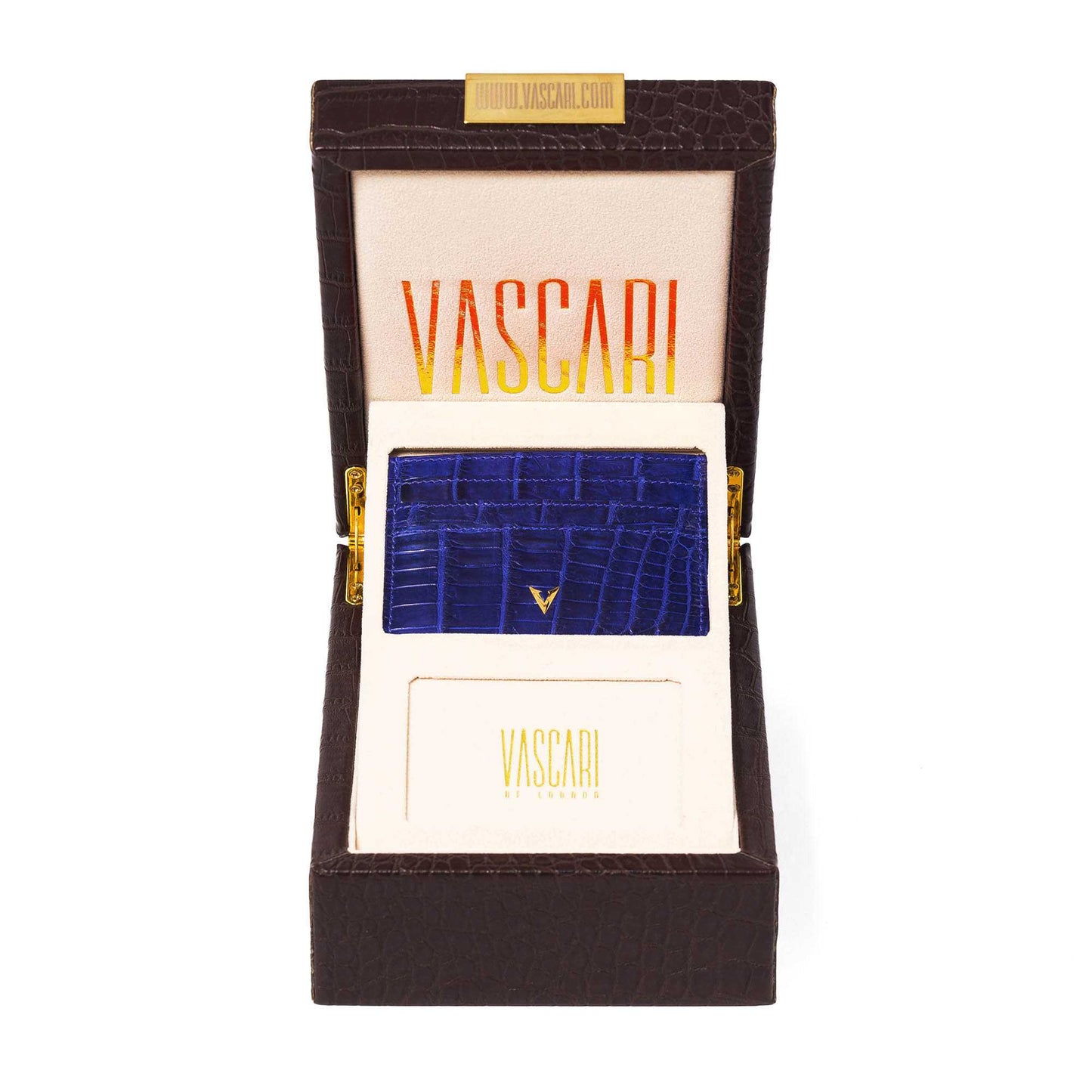 Vascari Cardholder crocodile blue gold logo in brown vascari gift box front view