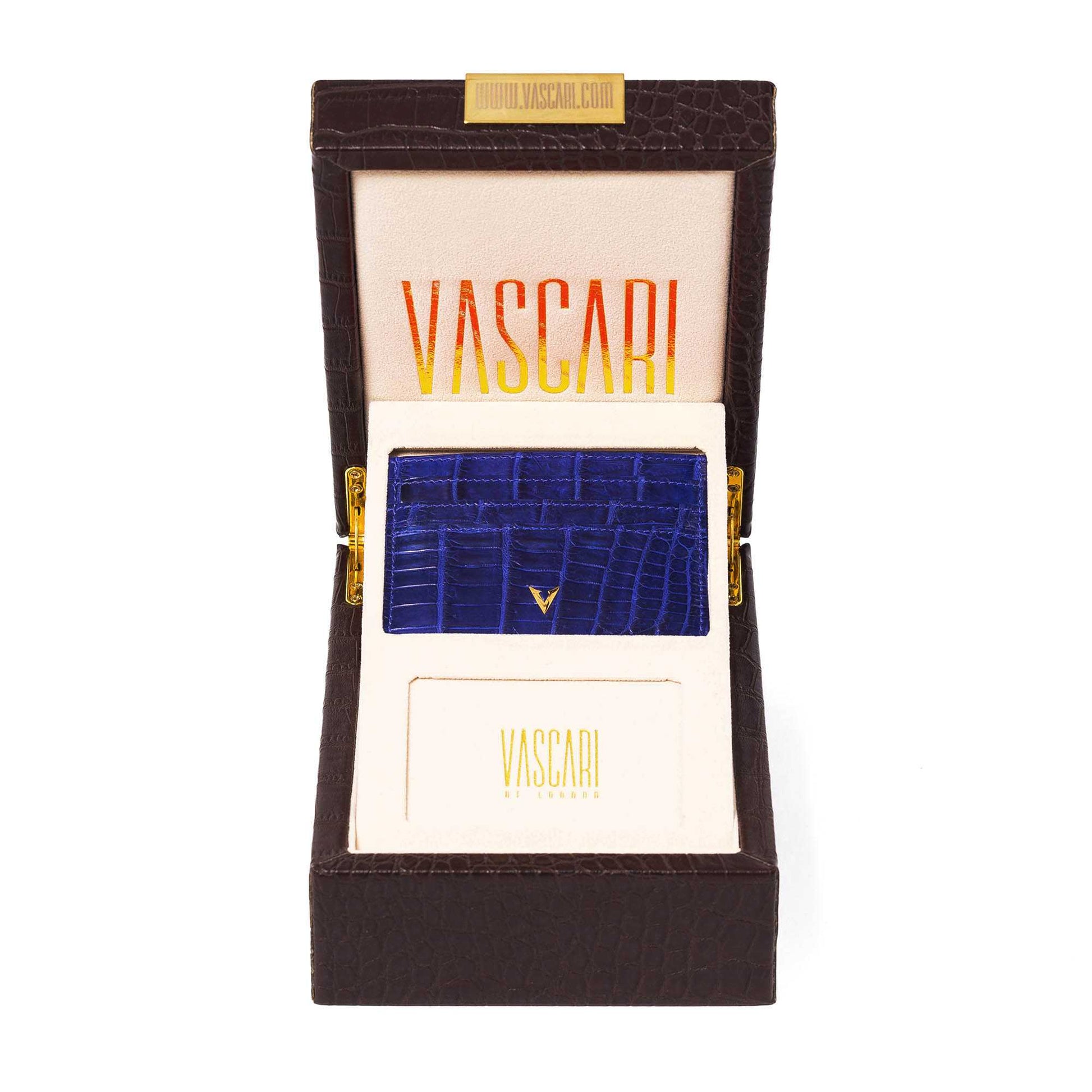 Vascari Cardholder crocodile blue gold logo in brown vascari gift box front view