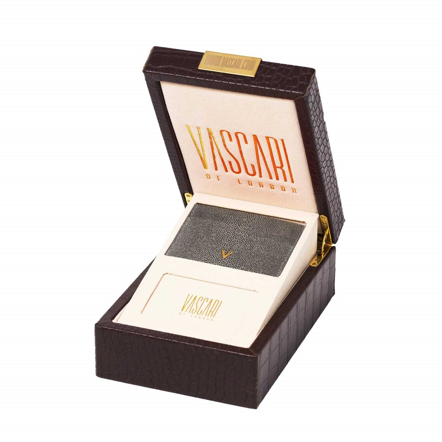 Front gift box view of the Genuine Cardholder Stingray in grey