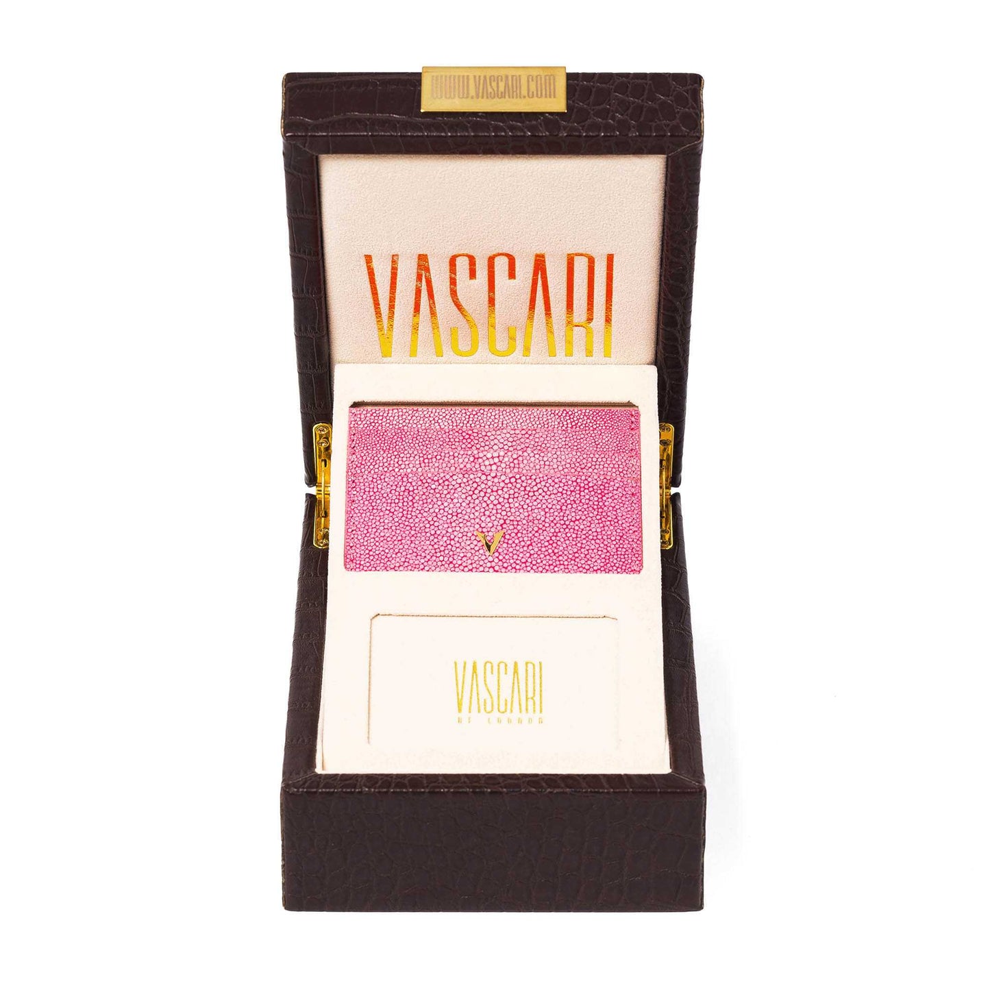 Pink Vascari stingray cardholder with gold V logo front view in a gift box