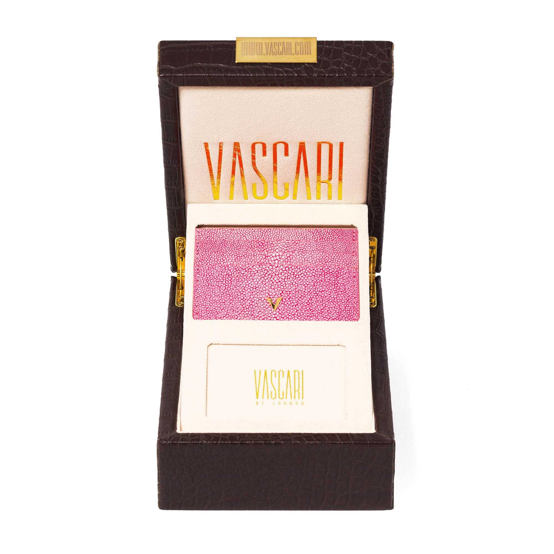 Pink Vascari stingray cardholder with gold V logo front view in a gift box