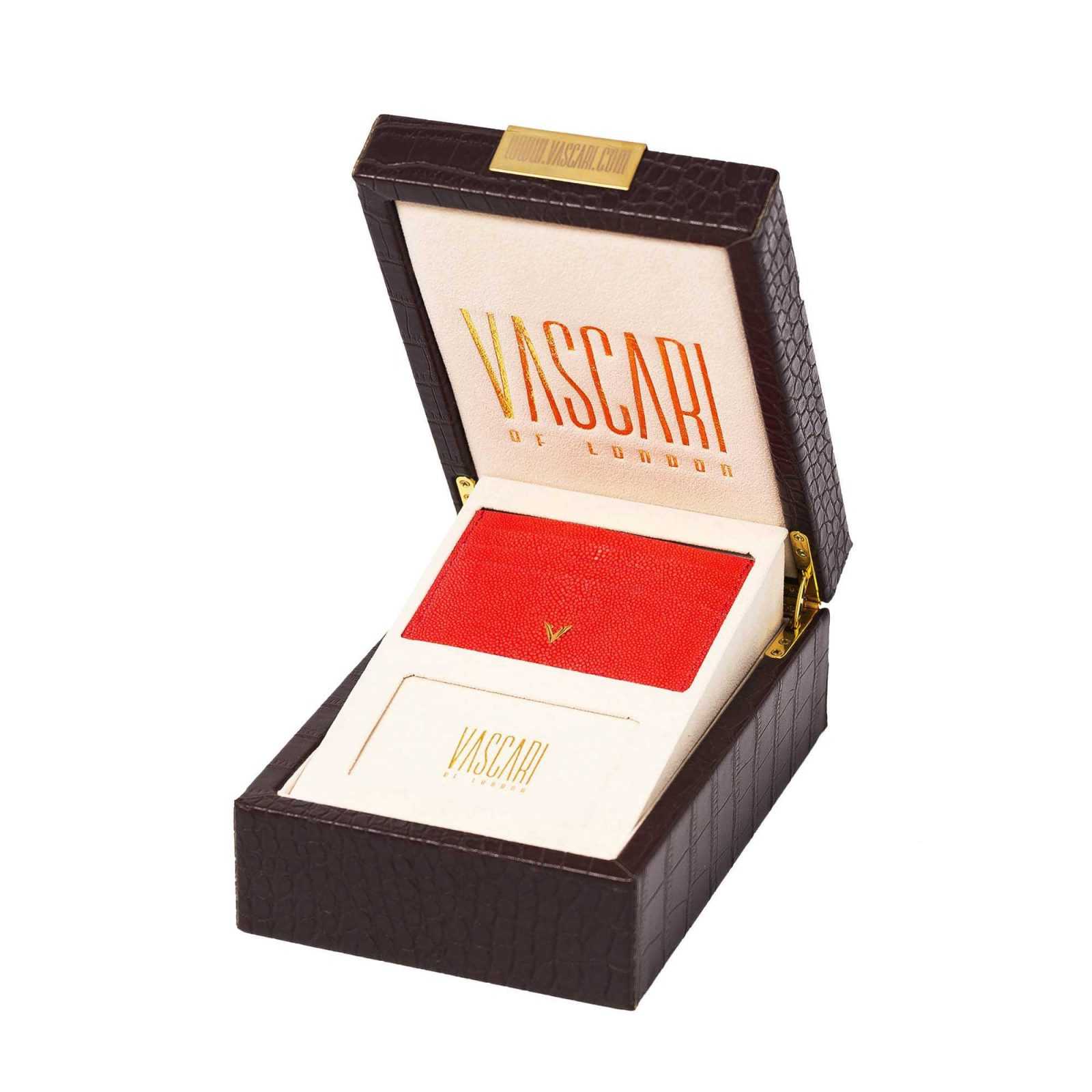Red Stingray Leather Cardholder With Vascari gift box side front view
